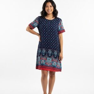 Navy Blue Patterned Short Sleeve Shift Dress